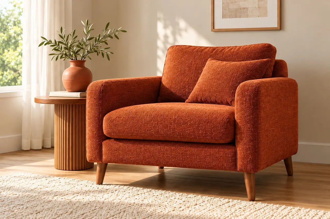 An armchair in terracotta orange, before recolouring